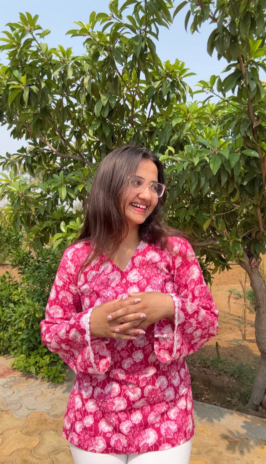 WHITE FLORAL PINK SHORT KURTI WITH WIDE LONG SLEEVES