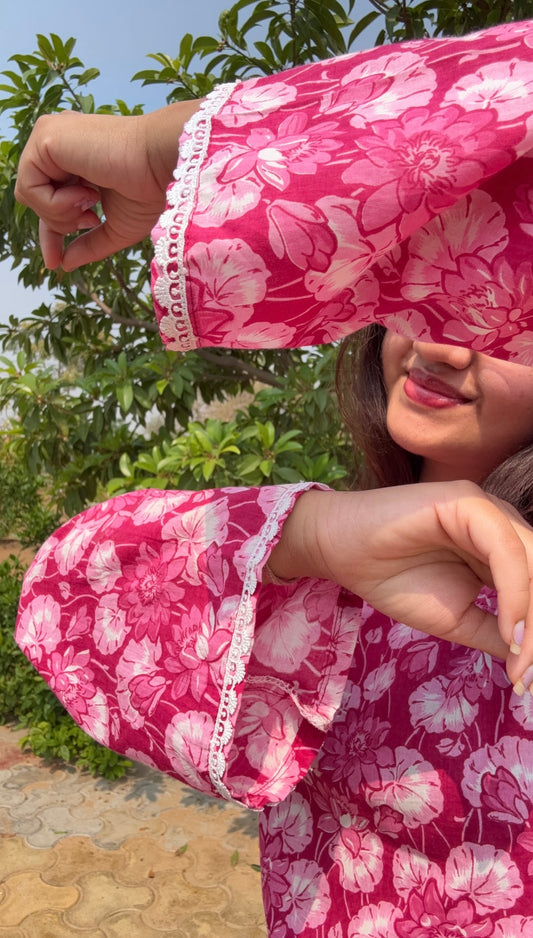 WHITE FLORAL PINK SHORT KURTI WITH WIDE LONG SLEEVES