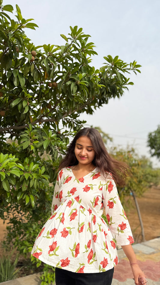 RED ROSE WHITE PEPLUM TOP