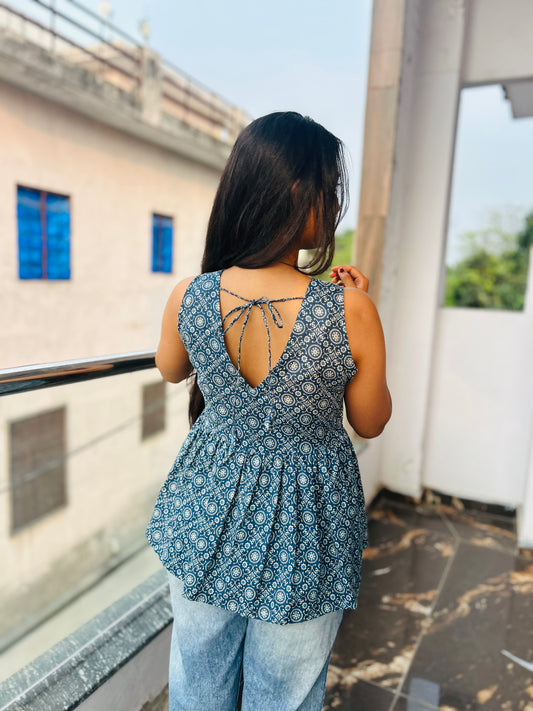 NEEL JAALI DUSTY INDIGO PEPLUM TOP