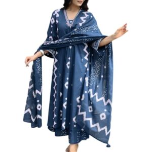 Women’s Cotton Anarkali Printed V-Neck Kurta & Dupatta