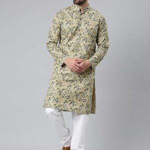 Man Men Cotton Mandarin Collar Ethnic Motifs Printed Long Regular Kurta