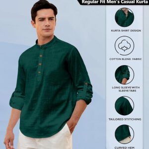 Men’s Solid Cotton Blend Straight Kurta Shirt, Regular Fit Full Sleeve Short Kurta Shirt