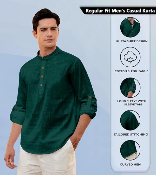 Men's Solid Cotton Blend Straight Kurta Shirt, Regular Fit Full Sleeve Short Kurta Shirt - Image 2